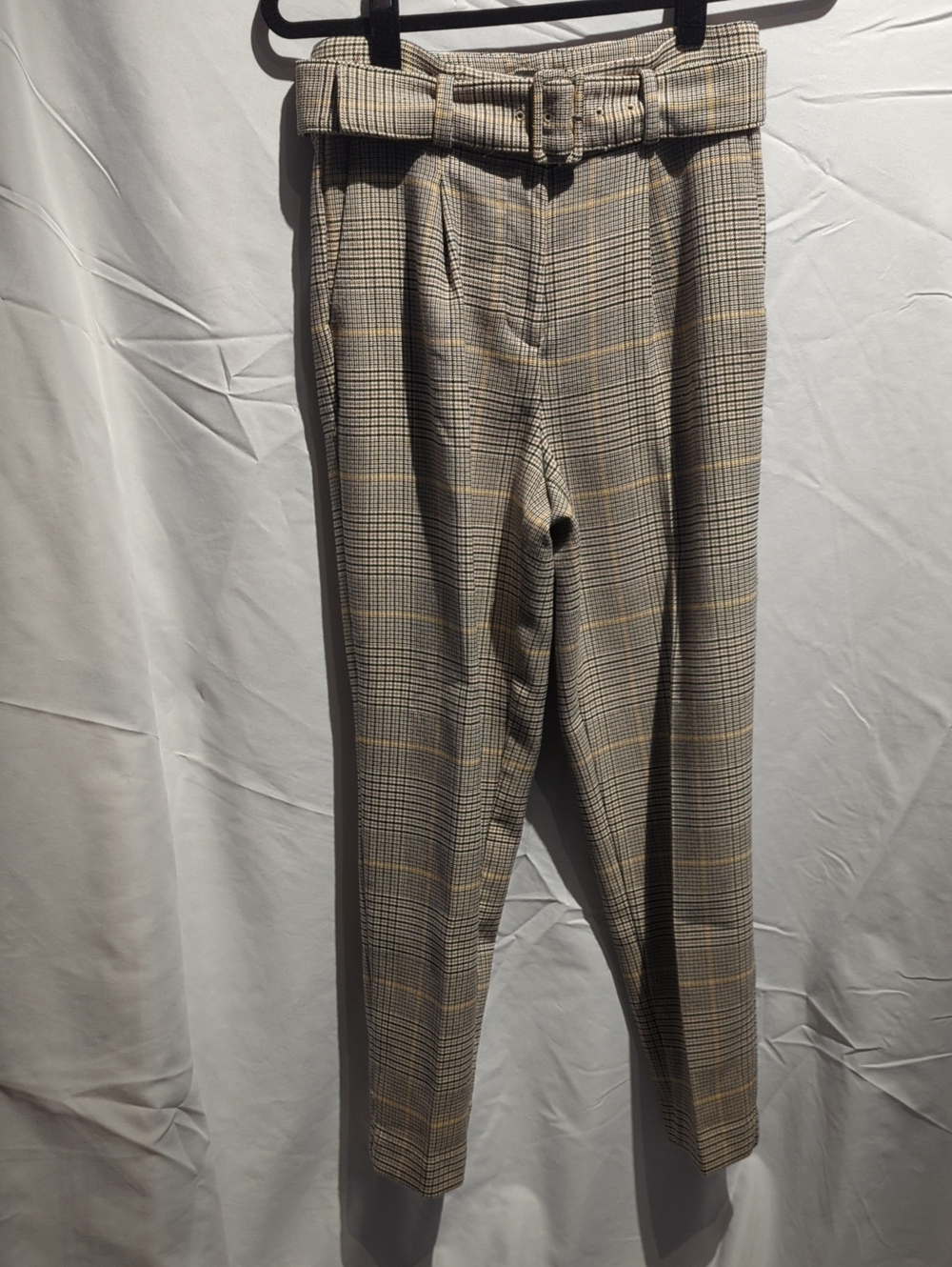 Ann Taylor Plaid High-Rise Belted Trousers in Tan Yellow and Gray